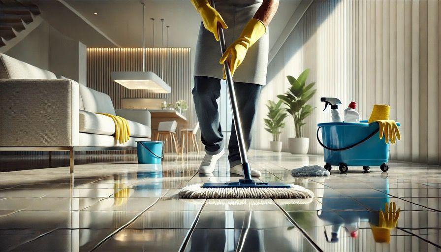 Person wearing yellow gloves mopping a glossy floor in a modern living room with cleaning supplies nearby.