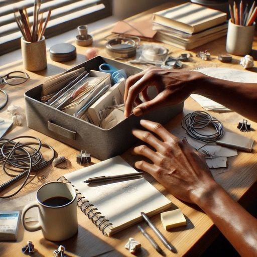 Hands organizing stationery items on a cluttered desk with notebooks, pens, and a coffee mug.